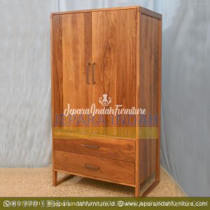 Almari Pakaian Minimalis Jati 2 Pintu 2 Laci