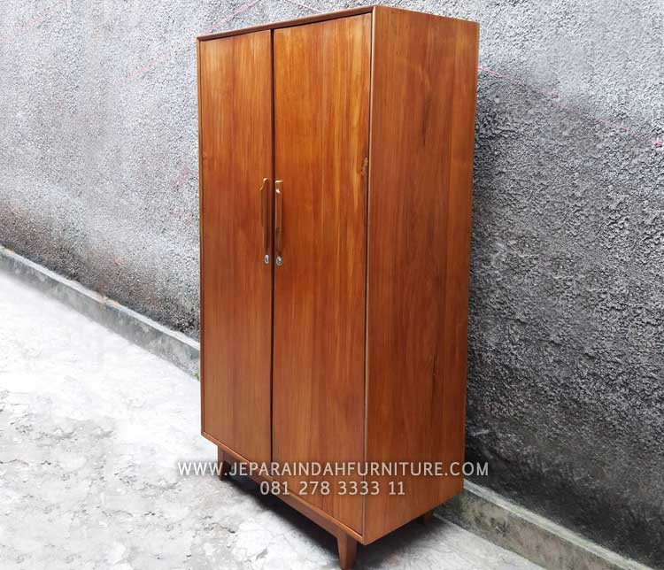 Lemari pakaian 2 pintu kayu jati minimalis model mid-century