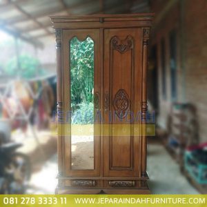 BRF LMP 042 Lemari Pakaian Ukir Jati Peluru 2 Pintu Kaca